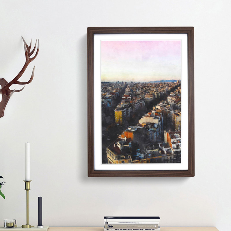 View of Barcelona in Spain - Picture Frame Painting Print, 63cm H x 45cm W x 2cm D, Walnut Framed