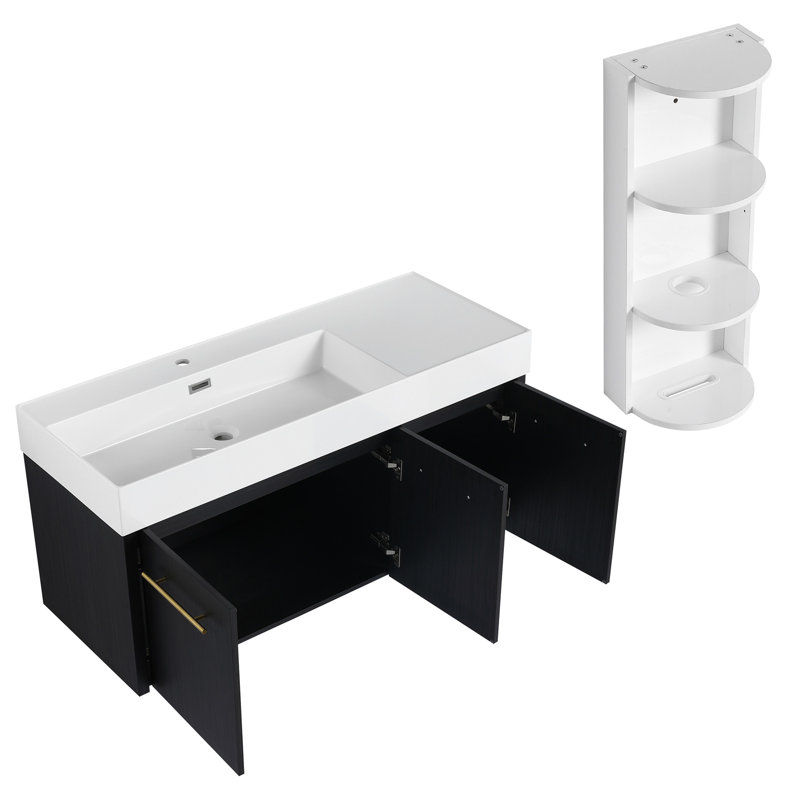 48 Inch Wall-Mounted Bathroom Vanity With Sink And Storage Rack, Thick Edged Resin Left Basin, KD-Package
