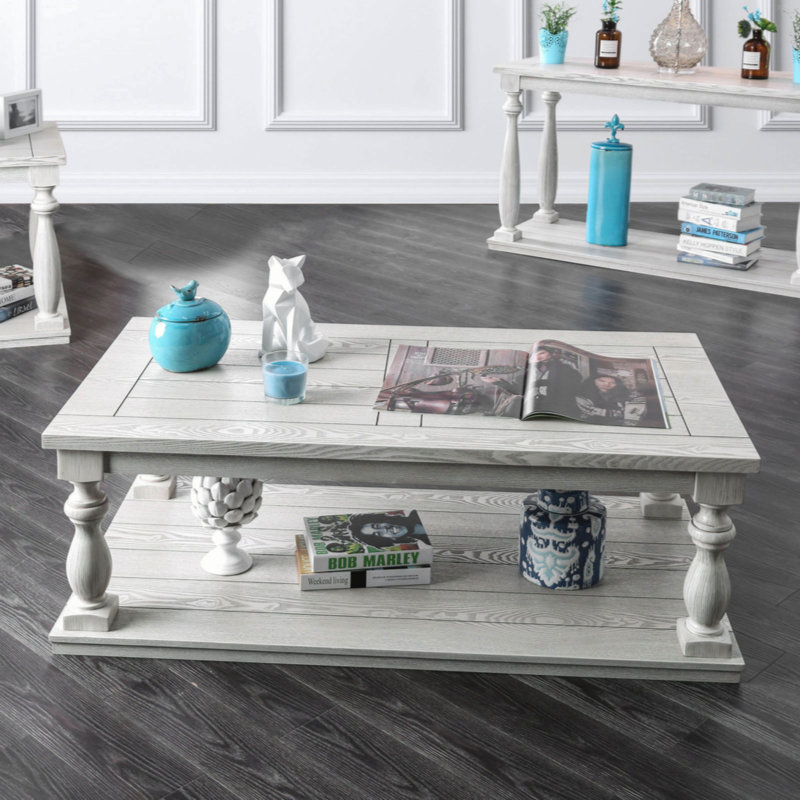 Rustic Style Antique White 1Pc COFFEE TABLE Open Bottom Shelf Plank Style Table Top Living Room Furniture