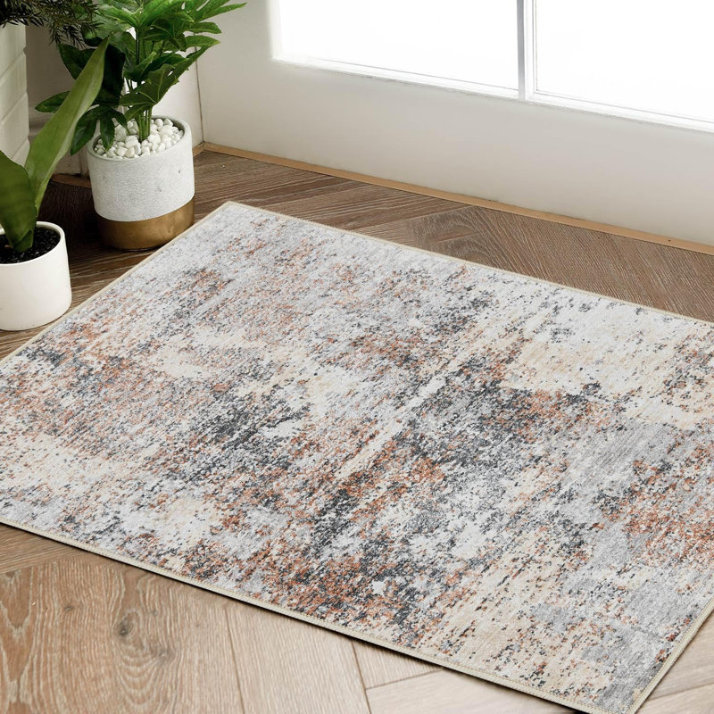 Abstract Non-Slip Machine Washable Taupe Area Rug, Rectangle 2' x 3'