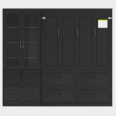 Grand lit escamotable avec armoire réversible de gauche à droite, portes en acrylique, 4 tiroirs et armoires à tablettes de rangement multiples, noir