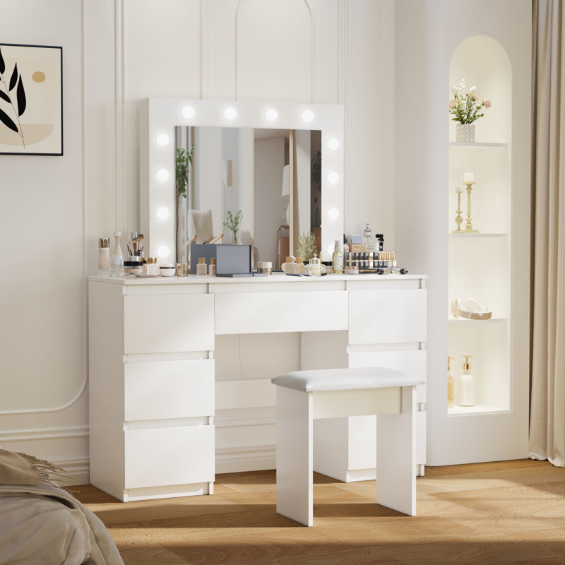 Grandes tables de coiffeuse blanches avec miroir et lumière, bureau de coiffeuse, 4 grands tiroirs, coiffeuse de maquillage