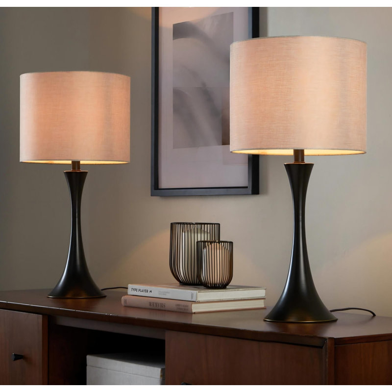 Lampe de table contemporaine en métal 24 po, bronze huilé avec abat-jour en lin naturel, ensemble de 2