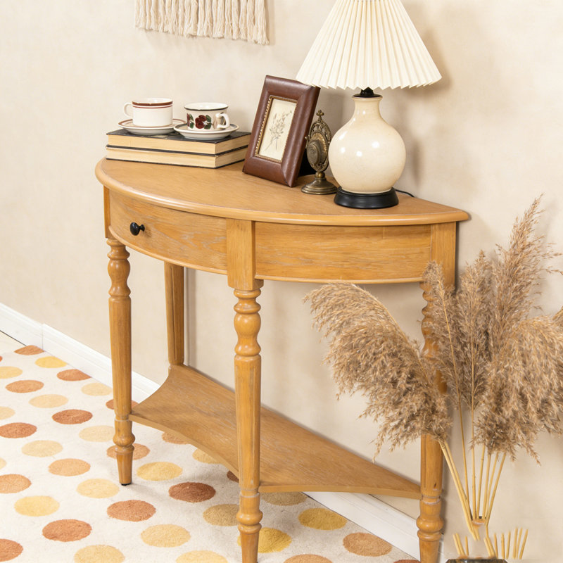 Console demi-lune avec tiroir et tablette, Naturel