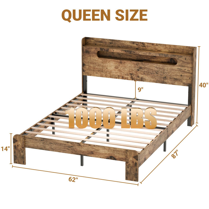 Bed Frame Queen Size with LED Lights and USB Ports, Metal Frame with Headboard, Large Storage Space