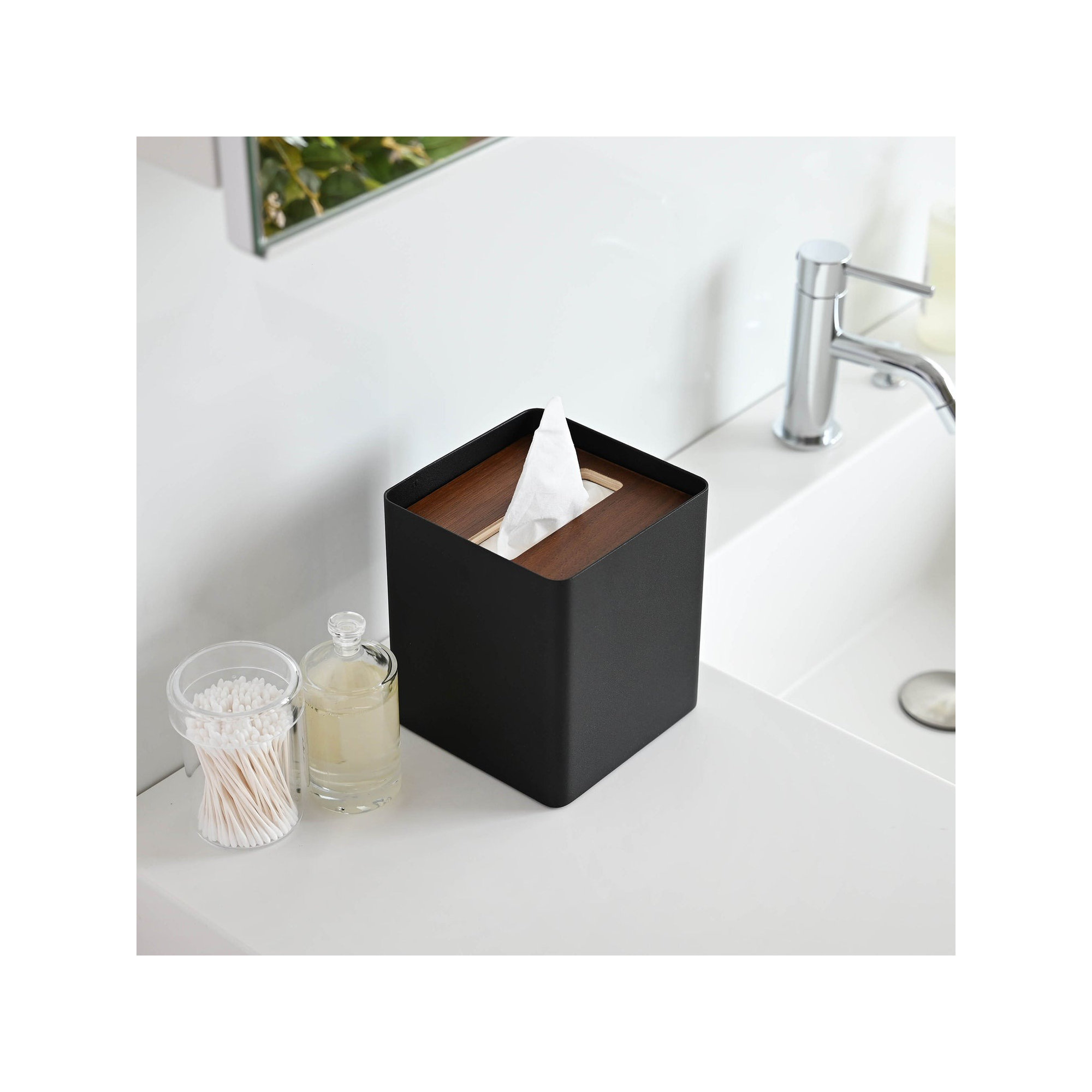 Yamazaki Home Square Reusable Tissue Box Cover Metal Container Case With Natural Wooden Lid,, Steel, Black