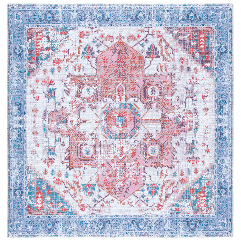 Tapis oriental rouge / bleu Hallel, Carré 6 pi 7 po