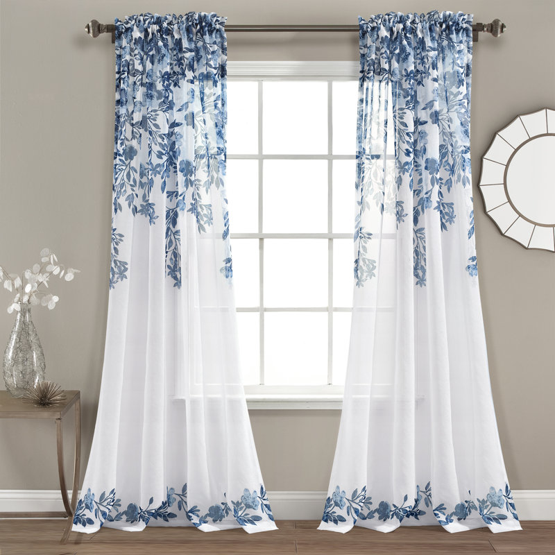 Extra Long White Sheer Polyester Floral Rod Pocket Drapes