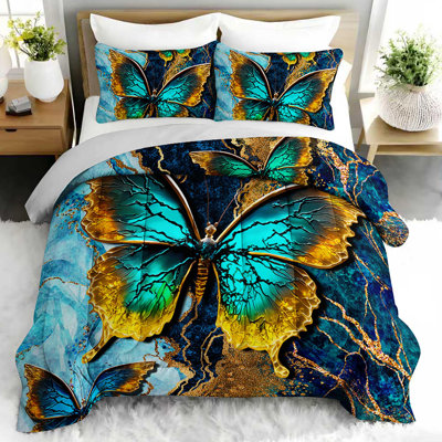 3D Butterfly Comforter Set, Luxurious Marble Bedding Set with 2 Pillow Cases, Soft and Machine Washable Bedding, All Seasons Comforter for Room Decor