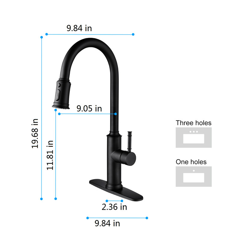 Robinet de cuisine avec douchette extractible - Noir mat: acier inoxydable, buse rotative à 360 °, finition résistante à la corrosion, option de réglage du débit d'eau à poignée simple Robinet en acier noir: