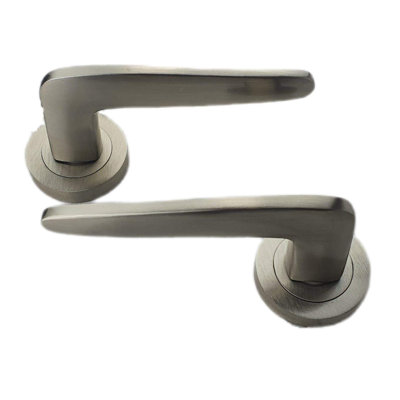  1 Pair Venus Door Handles on Round Rose in Satin Stainless Steel Finish with Fixing Screws