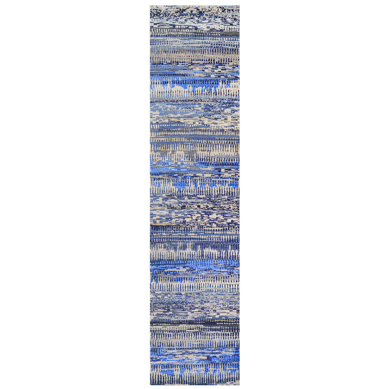 Hand Knotted Abstract Area Rug in Blue/Black/Gray, Runner 2'6" x 10'