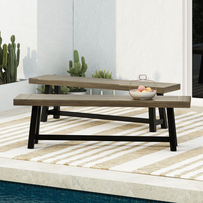 Banc d'extérieur en acacia, ensemble de 2, Gris / Noir