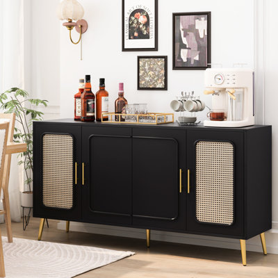 Sideboard Vintage Four-door Sideboard With Plastic Rattan Design And Metal Handles