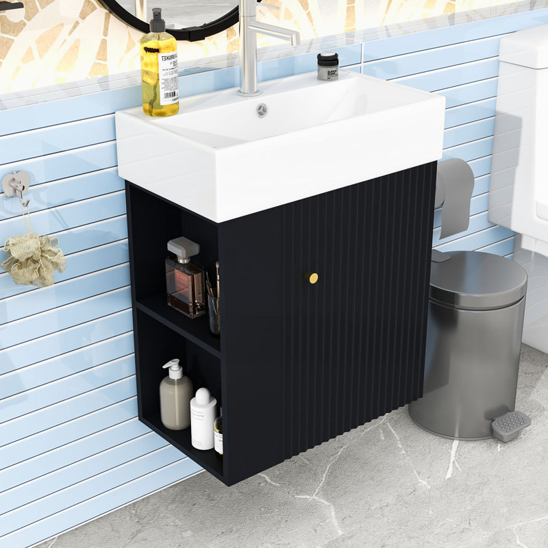 Meuble-lavabo flottant moderne avec lavabo en céramique, Noir, noir, noir, noir