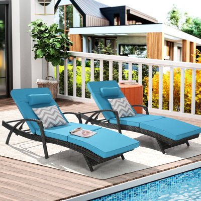 2 Outdoor Recliner Chair - , Easy To Clean Gray With Blue Cushions For Poolside, Garden Reclining Lounge , & Use