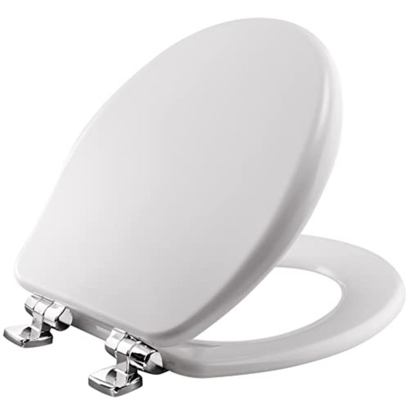 Slow Close Toilet Seat, Sleek Chrome Hinges And Adjustable Perfect Fit Wood Seat, Made In USA, Round, White