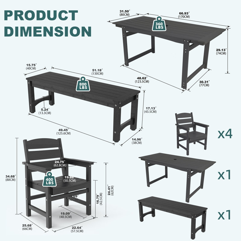 Outdoor HDPE Patio Dining Set for 6, Weather-Resistant Patio Table and Chairs with Bench, with Umbrella Hole, Black