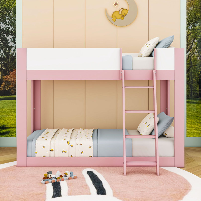 Lit superposé en bois avec échelle réversible et garde-corps, Double sur double, Mauve