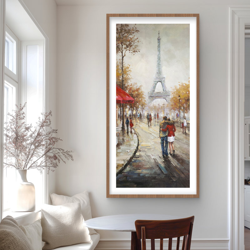Couple marchant dans la rue Paris - impression encadrée romantique, Brun