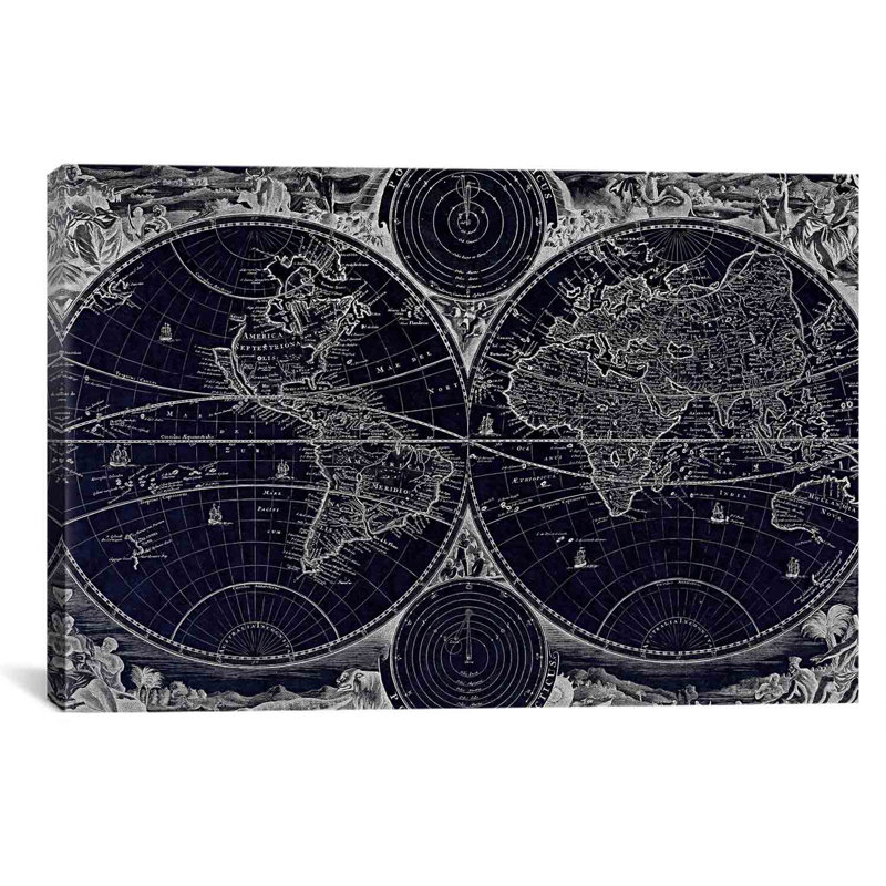 Antique Map of the World in Two Hemispheres (1730) by Stoopendaal in Negative Graphic Art on Canvas in Negative