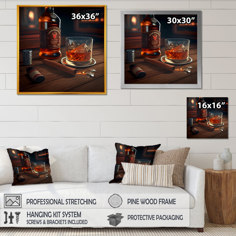 Al alcool avec cigares III - reproduction sur toile, Impression noire sur toile encadrée, L 16 po x H 16 po