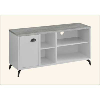 Meuble télé, console de 48 po, meuble multimédia, meuble de rangement, salon, chambre à coucher, stratifié blanc et gris, métal noir, contemporain, moderne