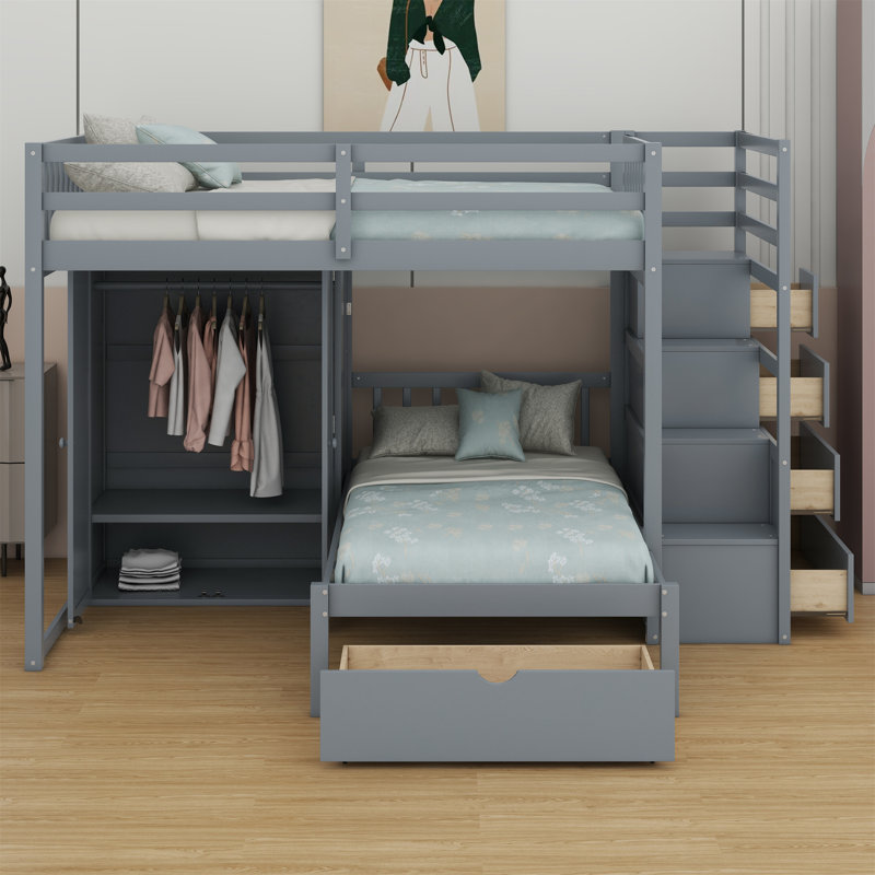 Lit superposé avec garde-robe, tiroirs, Gris