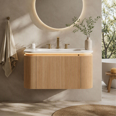 Meuble-lavabo et lavabo pour salle de bain, 30 po DIEN, armoire rayée à bords arrondis avec tiroir, capteur de lumière, lavabo intégré en pierre frittée à motif de travertin, pré-assemblé, grain de bois naturel (TH)