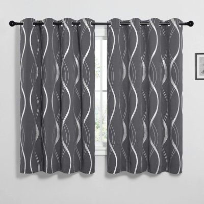Blackout Striped Pattern Curtains, Treatment Thermal Insulated Solid Grommet Blackout Wave Line Foil Print Design Curtains for Living Room (Set of 2, 52 by 63 Inch,Grey)
