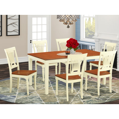 7 Piece Dining Set Consist of a Rectangle Dining Room Table with Butterfly Leaf and 6 Wood Seat Chairs, Buttermilk & Cherry