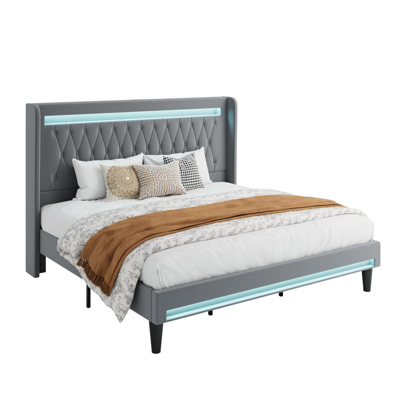 Modern Diamond-Tufted Upholstered Bed Frame With RGB LED Lights, USB Charging Ports & Wingback Headboard, Gray, King