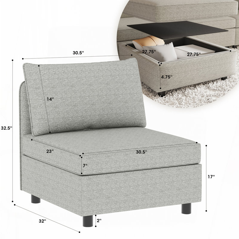Armless Seat for Modular Sectional Sofa, Convertible Sofa Seat With Storage, Sleeper Sectional Sofa Set, Fabric Flexible Modular Combinations for Living Room(2PCS)
