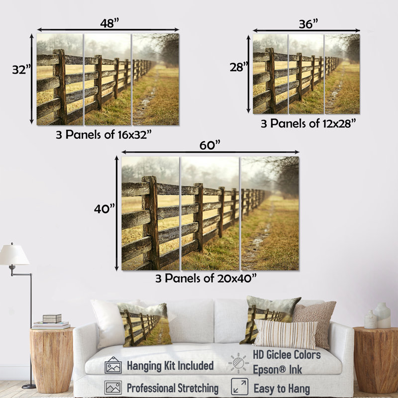 «Brown and Green Farm Landscape Rustic Fence», ensemble d'art mural de ferme, Toile tendue, H 40 po x l 60 po x P 1 po