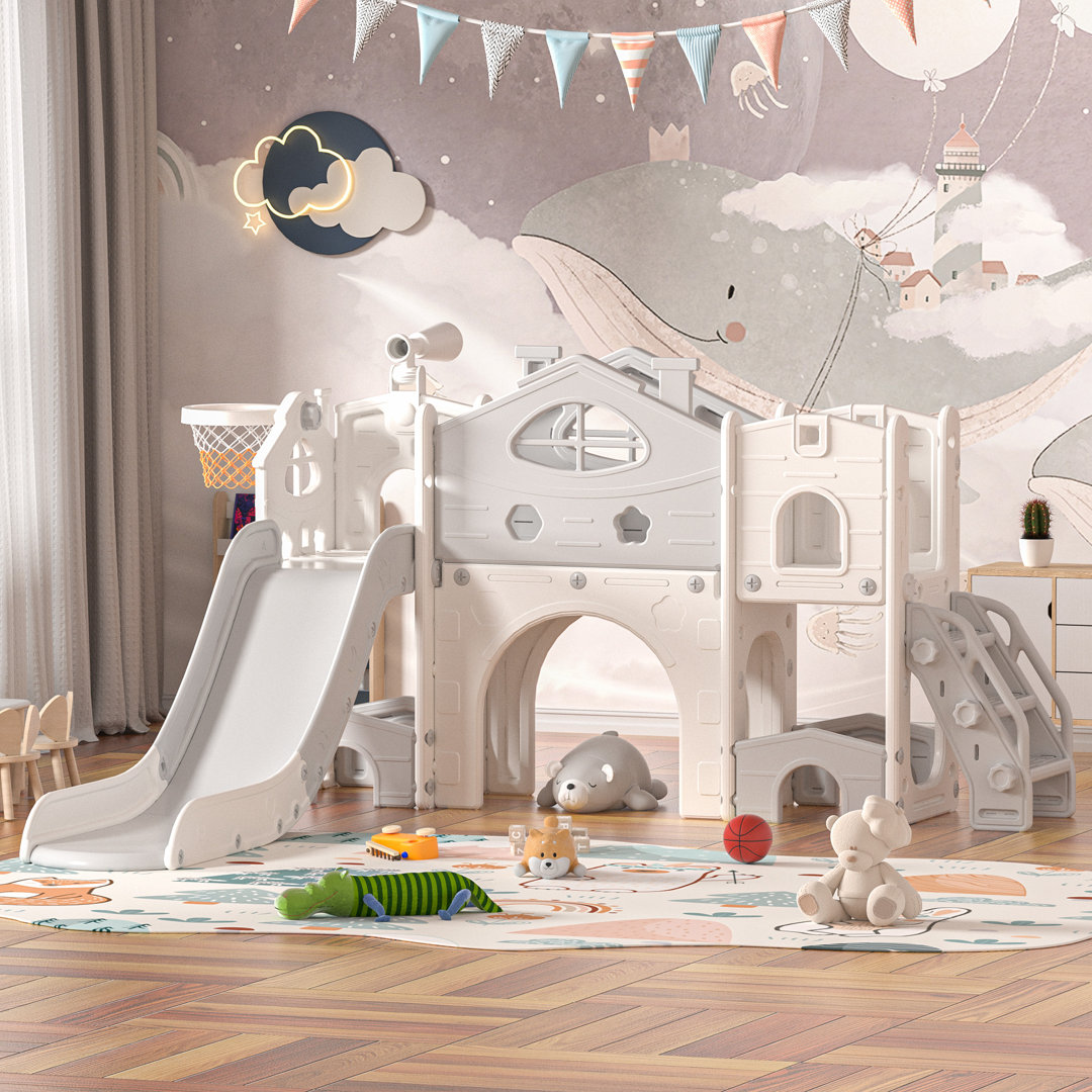 Kids Slide Playset With Climber, Toddlers Freestanding Castle With Basketball, Storage Area, Tunnel For Indoors And Outdoors, Gift For Children ningbolubikejiyouxiangongsi 