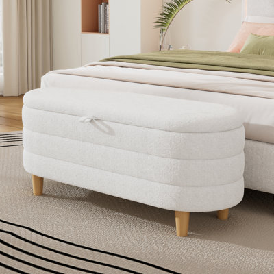  Elegant Upholstered Fabric Storage Ottoman with Wood Legs, Bedroom and Living Room Bench, White