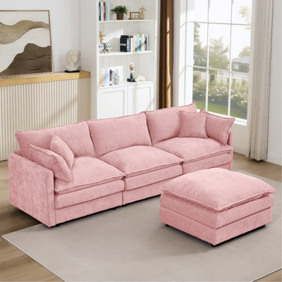 Canapé modulaire modulaire, ensemble de canapé en forme de L de 102 pouces pour le salon, canapé à 3 places confortable avec repose-pieds mobile, combinaison de bricolage, chenille, rose