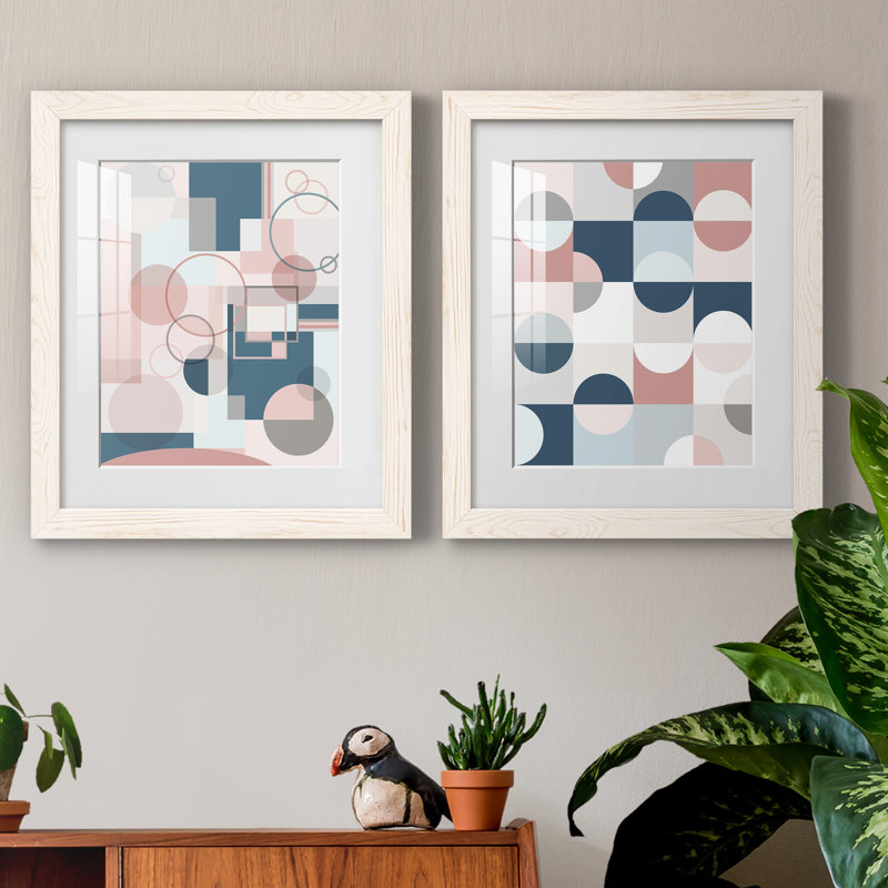 Modern Geo - ensemble de 2 peintures, Papier encadré blanc, H 20 po x l 34 po x P 1,5 po