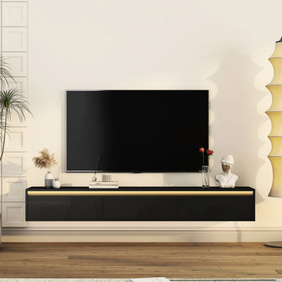 Black High Gloss Tv Shelf With Power Outlet & Decorative Led Lights, 60-69 Inch Accommodatable, Stylish Stand Ports Storage, Suitable, Modern Appearance