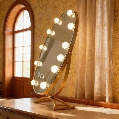 Grand et lumineux miroir en métal à DEL avec miroir pivotant pour table à intensité variable avec 11 ampoules et grossissement 3 fois