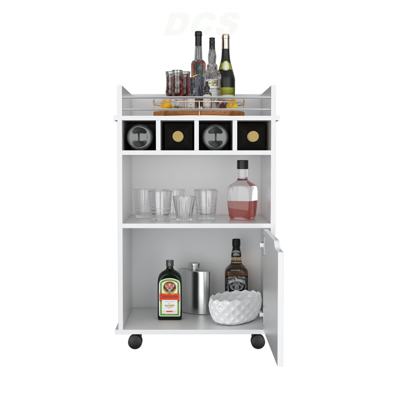 Chariot-bar moderne avec 2 tablettes ouvertes, 4 casiers et une armoire, Blanc