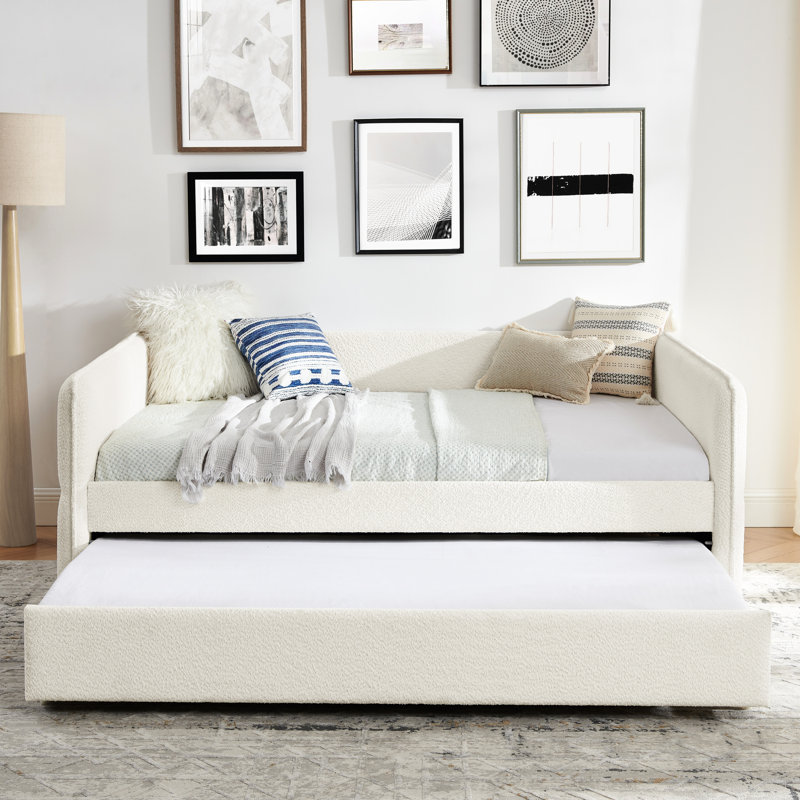 Lit de jour rembourré pleine grandeur avec couchette en tissu bouclé beige de 83 po x 58,5 po x 29,5 po à rayures verticales sur les dossiers pour plus de confort, assise en mousse et dossier rembourré