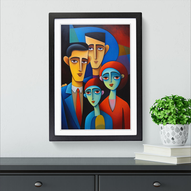 Loving Family Hard Edge Painting - Single Picture Frame Print on Wood, Black Framed, 34cm H x 25cm W x 2cm D