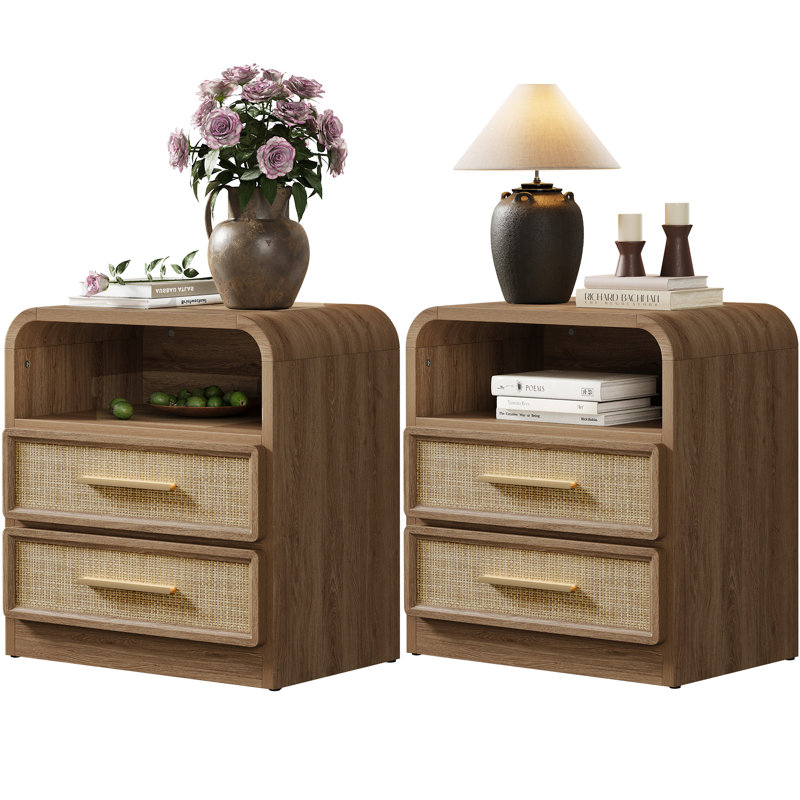 Curved Edge Rattan Drawer Nightstand With 2-Drawer And 1 Open Shelf Storage, Natural