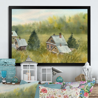Petites maisons dans un paysage vert champêtre, reproduction d'art sur toile