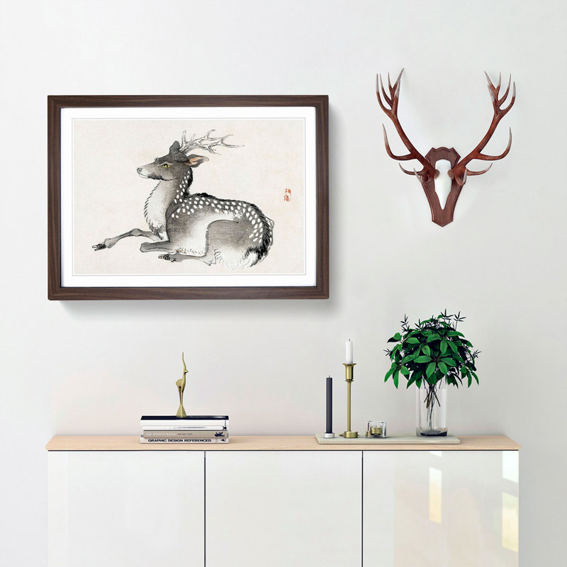 Elk by Kono Bairei - Picture Frame Painting Print, 62cm H x 87cm W x 2cm D, Walnut Framed