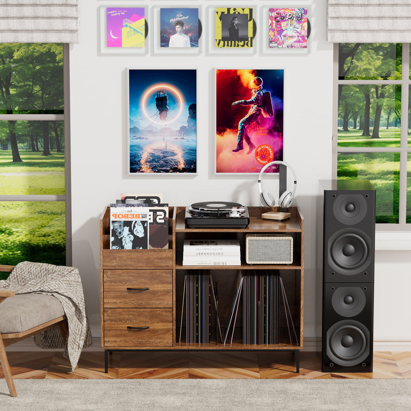 Grand support pour tourne-disque, 350 supports de rangement pour disques vinyles avec prise de courant et tiroirs