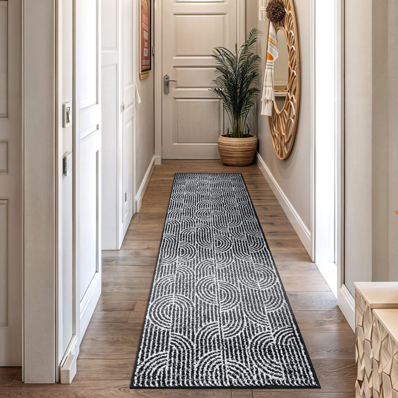 Rambo Modern Arch Pattern Stripe Area Rug Black/Ivory/Gray, Runner 2' x 7'