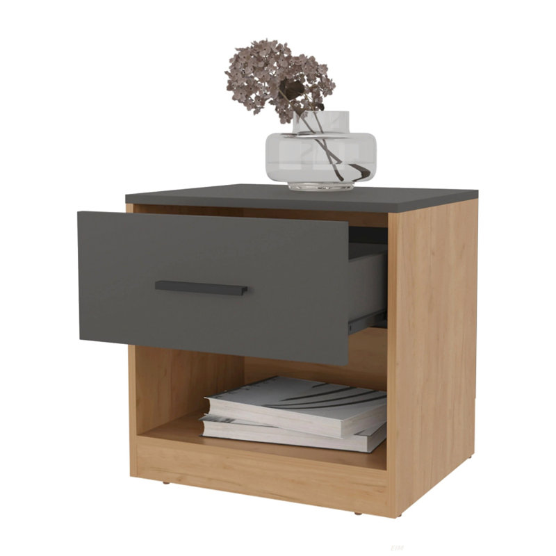 Table de chevet avec tiroir, Naturel + gris