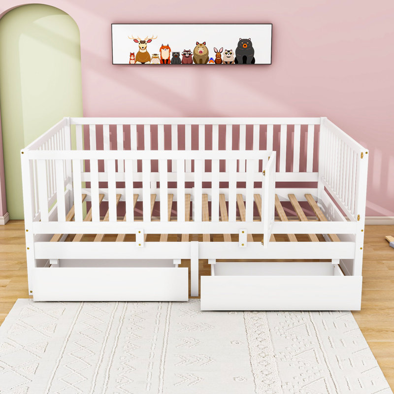 Storage Wooden Floor Bed with Guardrails and 2 Drawers, Full, White